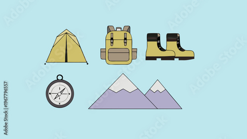 Outdoor adventure equipment, including a tent, backpack, and boots, is arranged on a light blue.