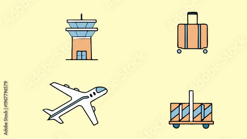 Essential air travel and airport related icons are showcased.