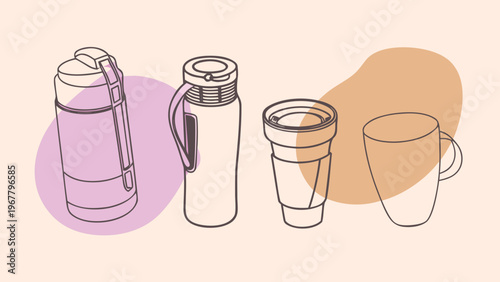 Different types of eco-friendly reusable drinkware displayed on a simple background.