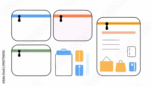 Travel packing and organizational accessory icons are presented.