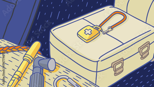 Emergency medical kit with diagnostic tools is prepared for quick access.