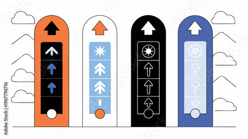 Abstract interface panels display various icon sequences and conceptual system settings.