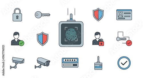 Security Icons: Fingerprint Scanner, CCTV, Padlock, Key, ID Card, Shield, Password