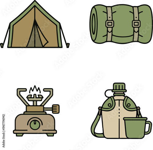 Outdoor Survival and Military Camping Gear Icons
