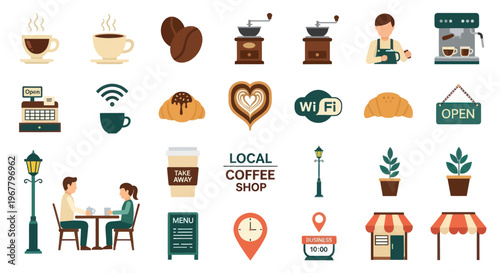 Coffee Shop Icons Set: Espresso, Croissants, Barista, Wi-Fi, Open Sign, Menu, Customers