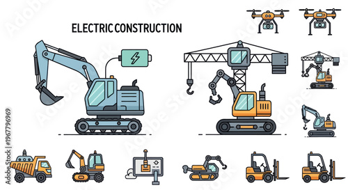 Electric Construction Vehicles and Drones - Pixel Art Style