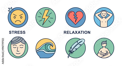 Mental Health Icons: Stress, Relaxation, Emotions, Calm, Well-being Concepts