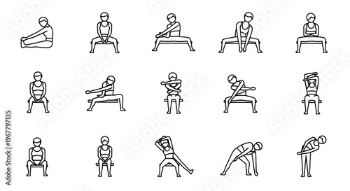 Yoga Poses Line Art Icon Set: Flexibility, Fitness, Meditation, Wellness