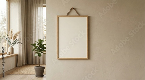 Blank Wooden Poster Frame Mockup In Japandi Living Room