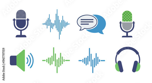 Sound wave icons: microphone, audio, speech bubble, speaker, headphones, podcasting