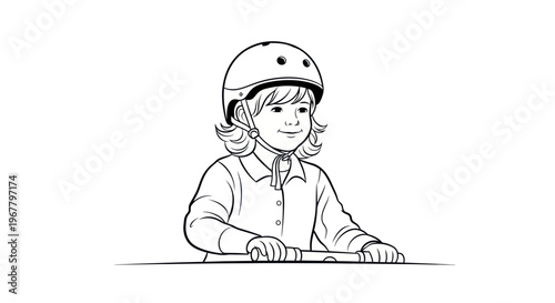 Child in Helmet Riding Scooter, Line Art Illustration