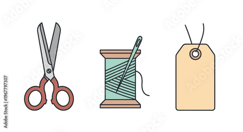 Sewing Supplies: Scissors, Thread Spool with Needle, and Blank Tag Icon Set