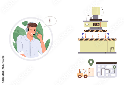 Customer support, logistics management, communication, industrial automation, warehouse operations, delivery tracking. Man with headset assisting remotely. Customer support and logistics management
