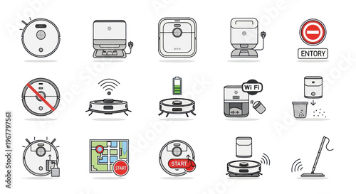Set of Robot Vacuum Cleaner Icons, Smart Home Devices, Technology, Vector Illustrations