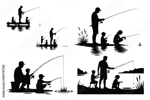 Black silhouettes of people fishing outdoors