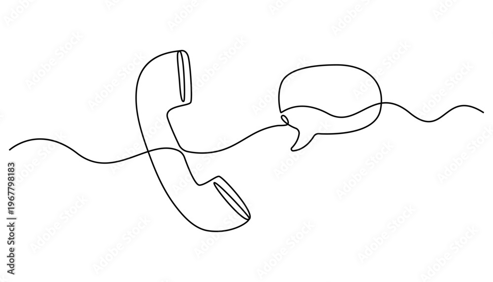Obraz premium Continuous one line drawing Continuous line drawing, phone and speech bubble, minimalist communication icon, black outline on white background