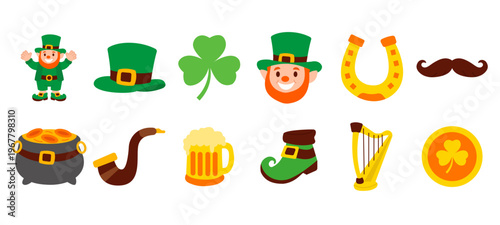 Saint Patrick Icons Set Irish Holiday Lucky Symbols Collection