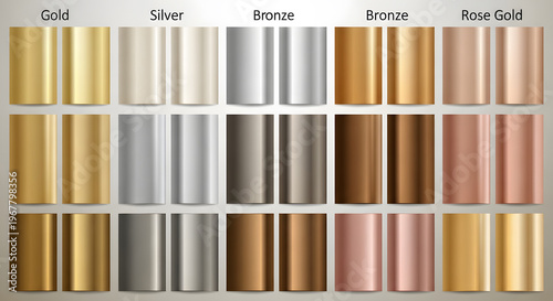 Professional color palette catalog showing various metallic gradients for gold silver bronze and rose gold