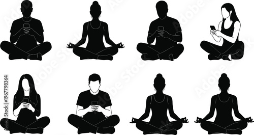 Black and white silhouettes set of people sitting cross-legged practicing yoga meditation and using smartphones, ideal for wellness blogs, digital detox articles, and lifestyle vectors.