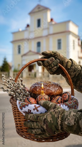Soldier holding an Easter basket near a church