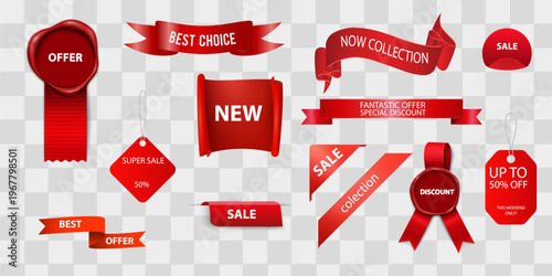 Giveaway tags or labels for social media post. Red announcement 3d banners giveaway contest ribbons.