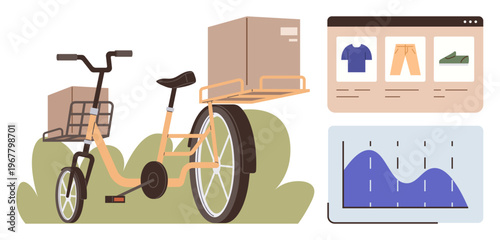 E-commerce, online shopping, retail logistics, delivery efficiency, data analysis, business solutions. Cargo bicycle for deliveries, shopping interface and analytics chart. E-commerce and retail