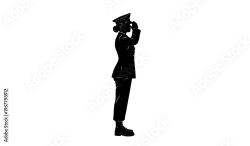 Female soldier salute silhouette side view vector illustration isolated on white background military woman