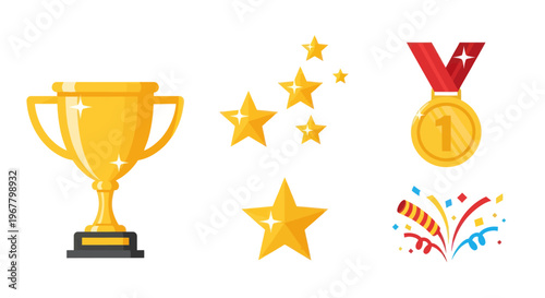 Golden Trophy, Medal, Stars, and Confetti - Vector Icons for Success and Achievement