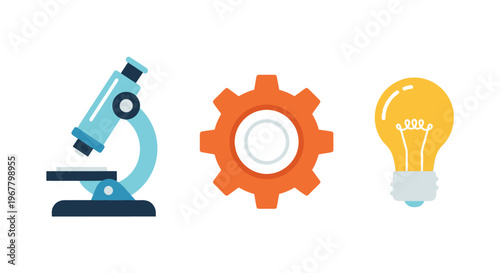 Microscope, Gear, Lightbulb Icons: Science, Innovation, Engineering Concept