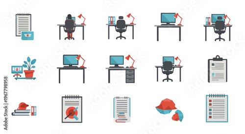 Office Workspace Icons Set: Desk, Computer, Lamp, Clipboard, Plants, Books