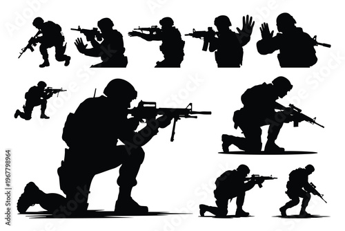 Black silhouettes of soldiers in various combat positions with guns