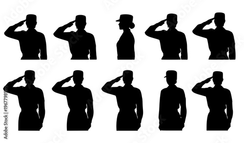 Female soldier salute silhouette set vector collection with multiple poses isolated on white background