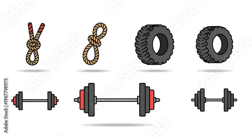 Fitness and Strength Training Equipment Icons: Rope Knots, Tires, Dumbbells, Barbell