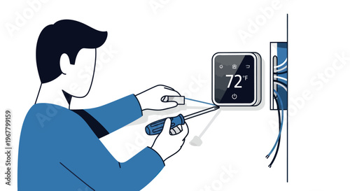 Man installing smart thermostat with screwdriver on wall, temperature display