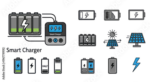 Smart Battery Charger Icon Set: Power, Energy, Technology, Solar Charging, Battery Life