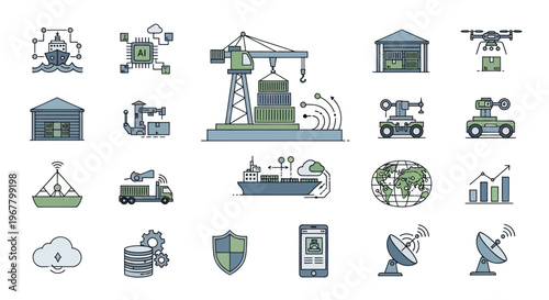Smart Logistics Icons Set: AI, Drone, Robot, Truck, Ship, Warehouse, Cloud