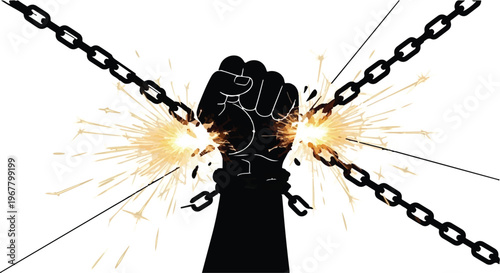 Fist breaks heavy metal chains creating bright sparks of liberated freedom energy.