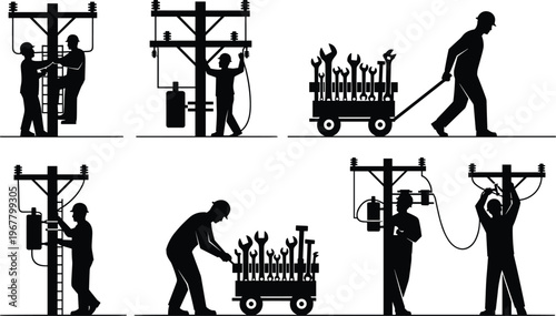 Silhouette of utility workers performing electrical line maintenance on power poles with tools cart industrial technicians repairing infrastructure energy service teamwork illustration