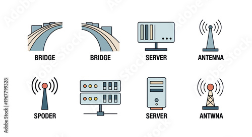 Technology Icons: Bridge, Server, Antenna, Network Connection, Data Center, Communication