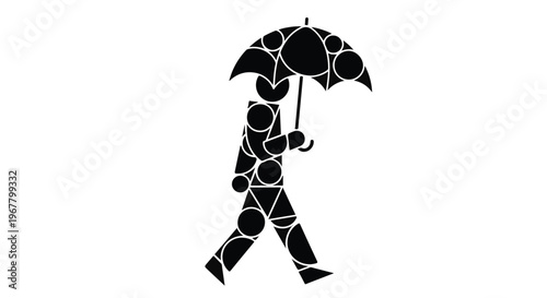 Pedestrian walking with an umbrella is depicted in a stylized geometric design.