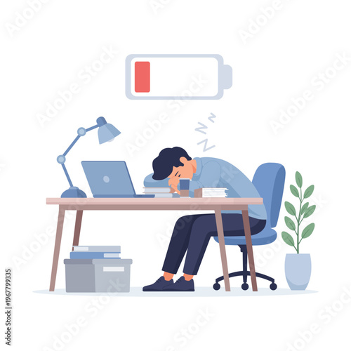 Exhausted Businessman Sleeping on Office Desk with Low Battery Icon Burnout Concept