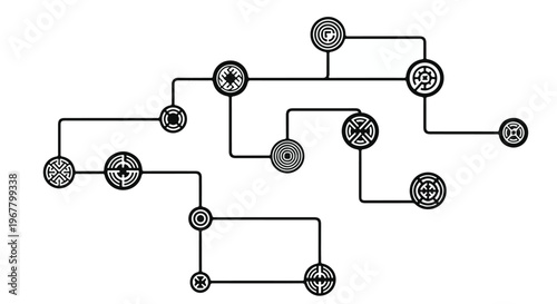 Flowchart diagram connects various circular icons with thin black lines on white.