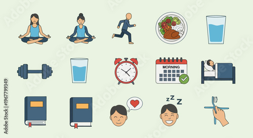 Healthy Lifestyle Icons: Yoga, Running, Food, Fitness, Reading, Sleep, and Well-being