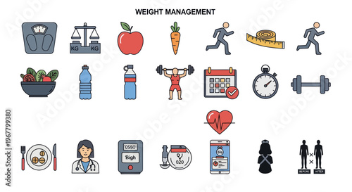 Weight Management Icons: Healthy Lifestyle, Fitness, Nutrition, Diet, Exercise, Medical Icons