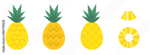 手書き風タッチのパイナップルイラストセット 丸ごと3種と輪切りパーツ入り 夏のフルーツデザイン用ベクター素材