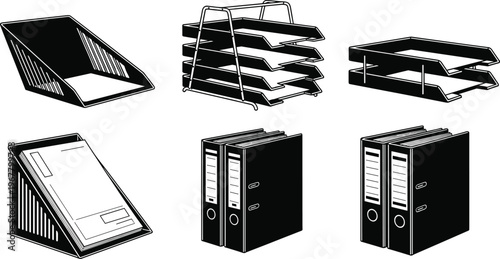 Vector collection of black and white office stationary icons including document trays, paper organizers, and ring binders for business file management and organization.