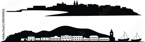 Cityscape of an unknown coastal town with traditional buildings mountains and sailboats vector