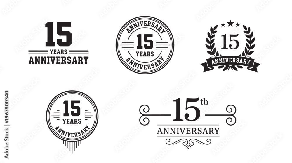 Obraz premium Fifteen year anniversary logos in a set, featuring laurel wreaths, stars, ribbons, and ornate text. featuring celebration, milestone, logo with