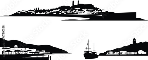 Detailed historical hill towns and coastal harbor settlements silhouettes travel destinations vector graphic set