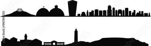 Diverse city skylines and landmarks in silhouette against a transparent background